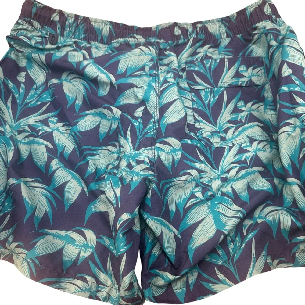 BlueWave Swim Trunks Men XL Blue Tropical Leaf Mesh Lined Drawstring Beach Short